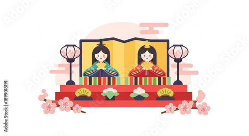 Two japanese women in traditional kimonos on a stage with cherry blossoms and lanterns
