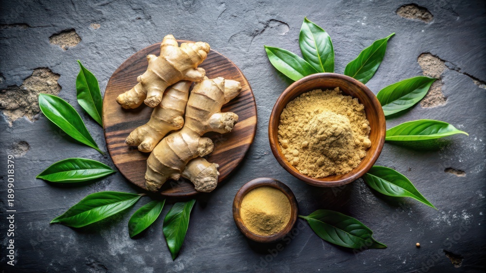 Fototapeta premium A wooden plate with fresh ginger roots and bowls of ginger powder on a dark stone surface surrounded by green leaves