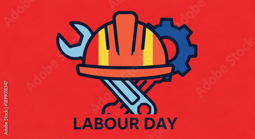 Labour day graphic with hard hat wrench and gear on red background symbolizing workers' rights and celebration