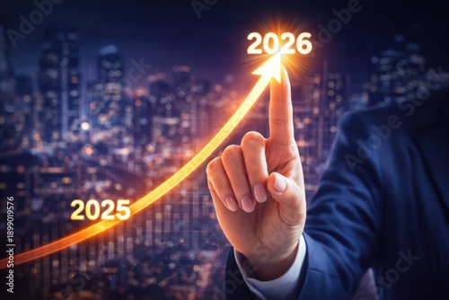 A graph with a businessman's finger pointing towards a glowing arrow pointing upwards from 2025 to 2026, depicting economic optimism.