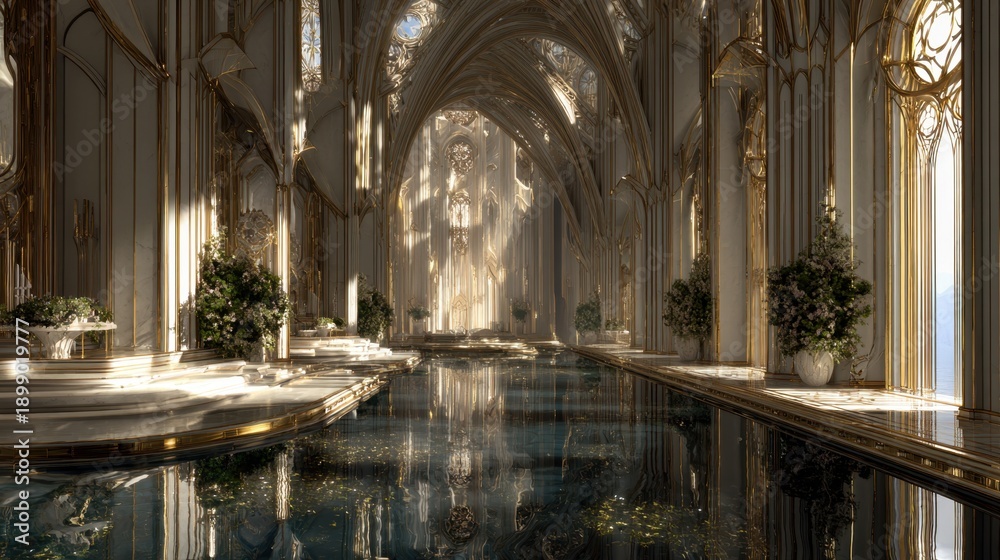Fototapeta premium Luxurious Gothic Style Cathedral Interior with Golden Accents and Reflective Pool