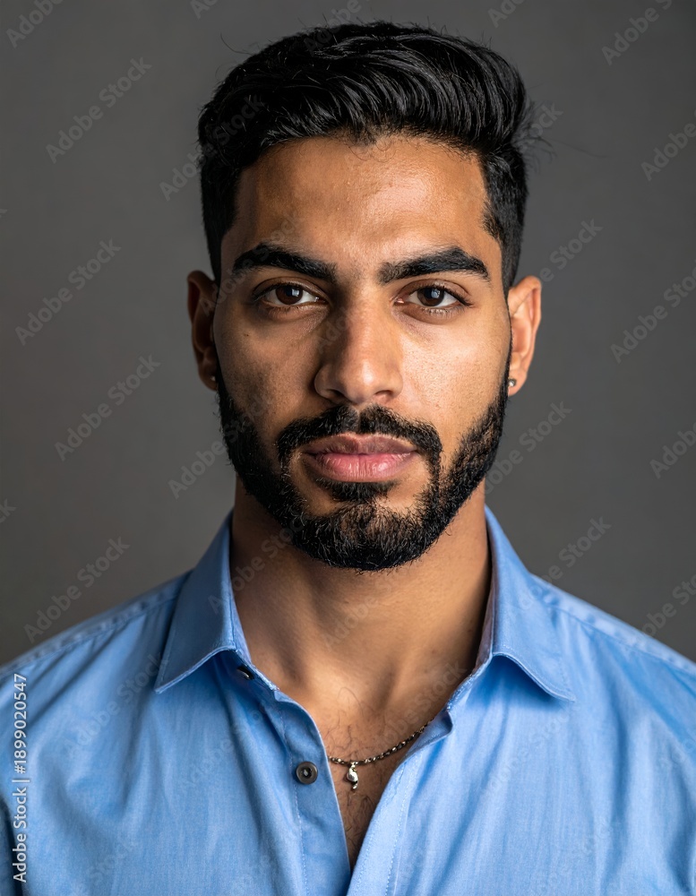 Obraz premium Confident Young Man in Blue Shirt Looking Directly at Camera.