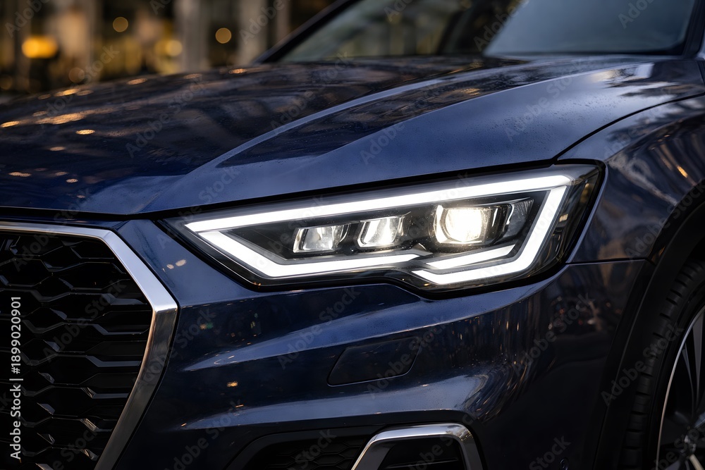 Fototapeta premium Car headlight detail on a modern silver sports automobile with shiny design and luxury look