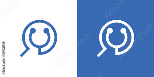 Dual meaning logo combining a magnifying glass and stethoscope, symbolizing medical analysis, accurate diagnosis, healthcare insight, and professional medical services.