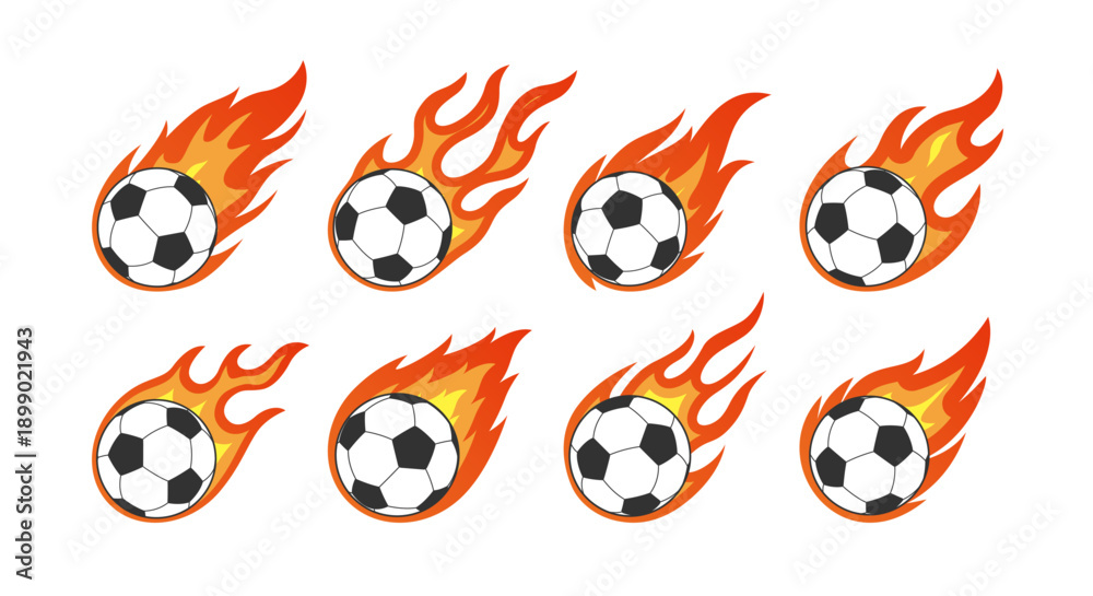 Naklejka premium 燃えるサッカーボールのベクターアイコンセット｜炎・スポーツ・スピード表現