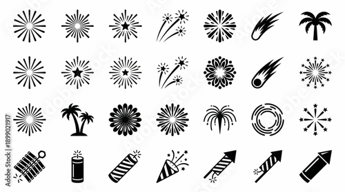 "Fireworks Vector Icons – Black and White Explosions, Firecrackers, Rockets, Party Poppers, Stylized Burst Patterns, Simple Illustrative Festival Celebration Decorative Vector Design"