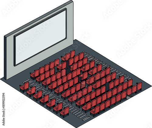 Isometric view of an empty movie theater auditorium with red seats and a large screen