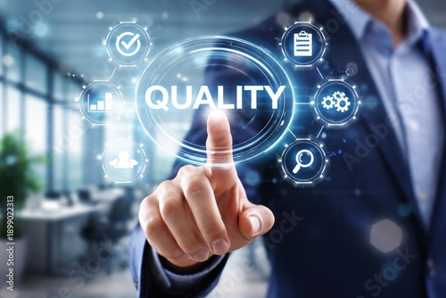 Business people's fingers are pressing virtual buttons with quality assurance system quality control standards of the company