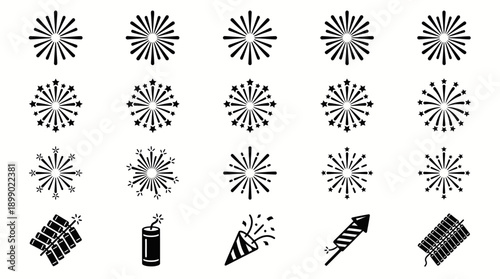 "Fireworks Vector Icons – Black and White Explosions, Firecrackers, Rockets, Party Poppers, Stylized Burst Patterns, Simple Illustrative Festival Celebration Decorative Vector Design"