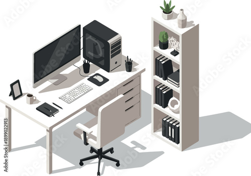 Modern home office setup with computer, desk, chair, and bookshelf featuring a minimalist aesthetic