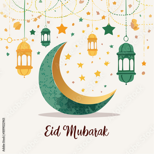 Celebration of Eid Mubarak with crescent moon and lanterns hanging in the air surrounded by stars