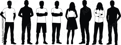 People silhouette group illustration, casual men and woman standing together, black white vector characters isolated background design concept set collection