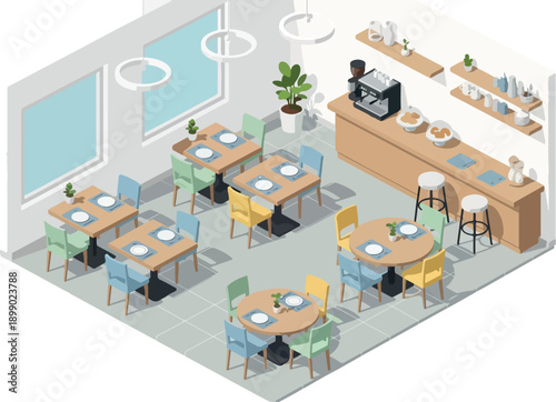 Interior design of a modern cafe with tables, chairs, and a counter with coffee machine