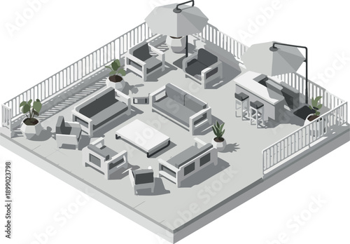 Isometric rooftop patio furniture arrangement with seating, tables, and bar area