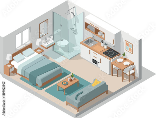 Cozy Isometric Studio Apartment Layout with Bedroom, Kitchenette, and Living Area