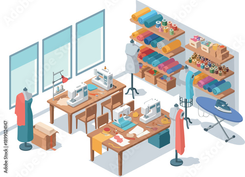 Creative Sewing Studio with Multiple Sewing Machines and Fabric Rolls, Ready for Crafting and Design