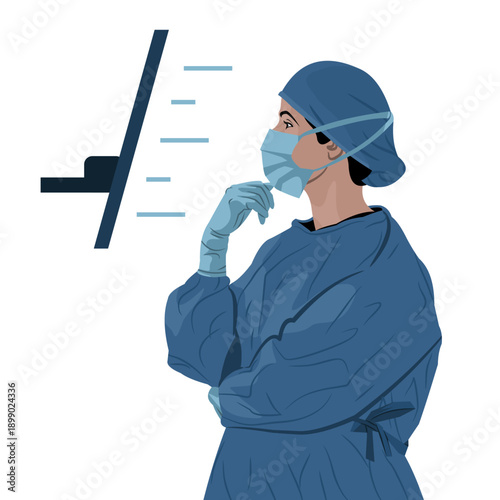 Female Surgeon Checks Details of Surgical Operation on Screen