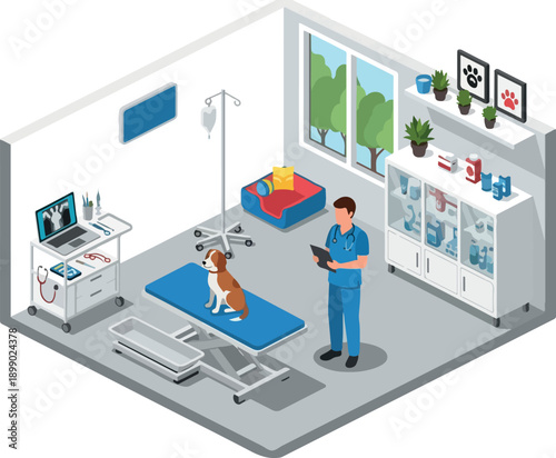 Veterinary clinic interior with a dog on an examination table and a veterinarian holding a clipboard