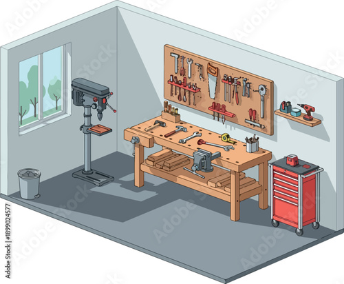 A well-equipped woodworking workshop with a workbench, tools, and a drill press, organized for efficiency and productivity