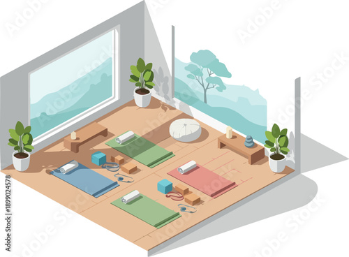 Serene yoga studio interior with mats, blocks, and plants, overlooking a peaceful landscape view