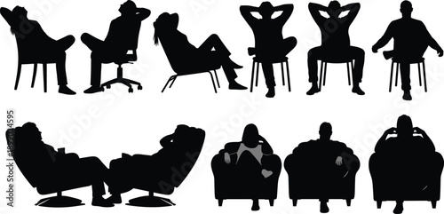 Relaxing people silhouette collection, men and women sitting reclining on chairs, casual leisure poses, black white vector characters isolated set
