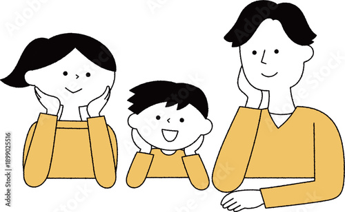 頬杖をつく若い夫婦と子供単色