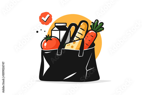 Black grocery bag filled with essential food items: milk, tomato, carrot, cheese, bread