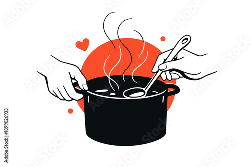 Two hands stirring a steaming pot with heart symbol