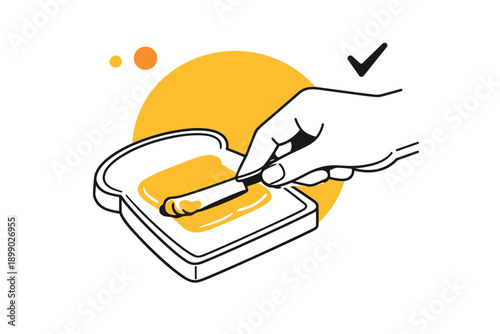 Hand spreading butter on toast with knife - simple illustration on yellow background