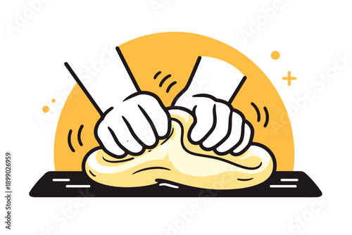 Cartoon illustration of hands kneading dough for baking