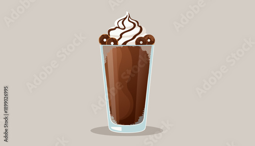 A delicious chocolate milkshake or iced coffee with whipped cream and chocolate toppings in a tall glass.