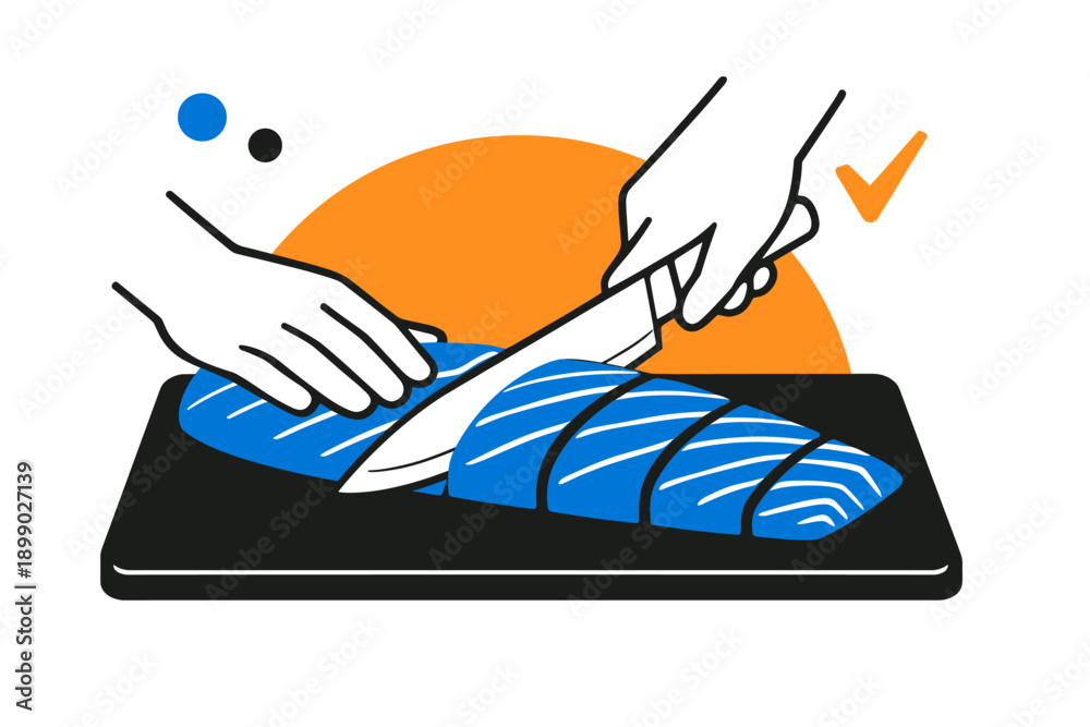 Naklejka premium Hands slicing fresh salmon on cutting board with knife and orange circle