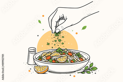 Hand adding herbs to salad bowl with lemon slices and cherry tomatoes