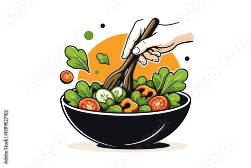 Hand tossing fresh vegetable salad with greens and tomatoes