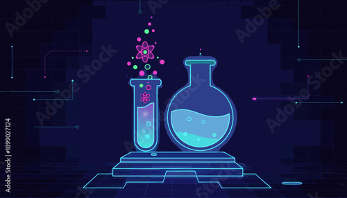 Neon Science Lab: Retro-Futuristic Chemistry Experiment Illustration
