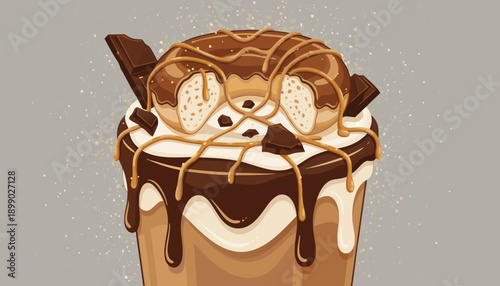 A decadent chocolate and peanut butter milkshake topped with a glazed donut and chocolate bar pieces.