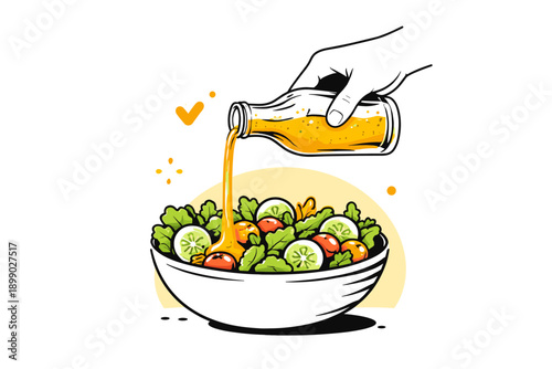 Hand pouring dressing on fresh vegetable salad with tomatoes and cucumbers