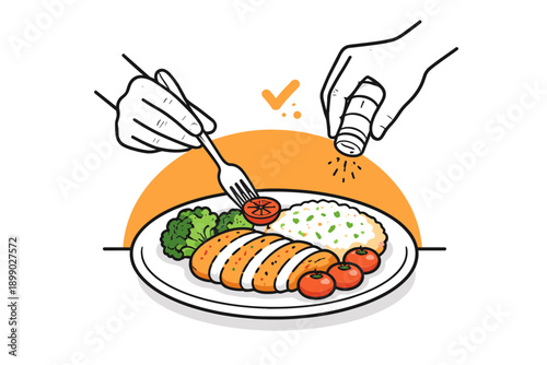 Hand garnishing poultry dish with broccoli, rice, and cherry tomatoes