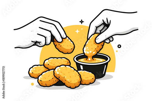 Hands dipping chicken nuggets in sauce - cartoon style illustration
