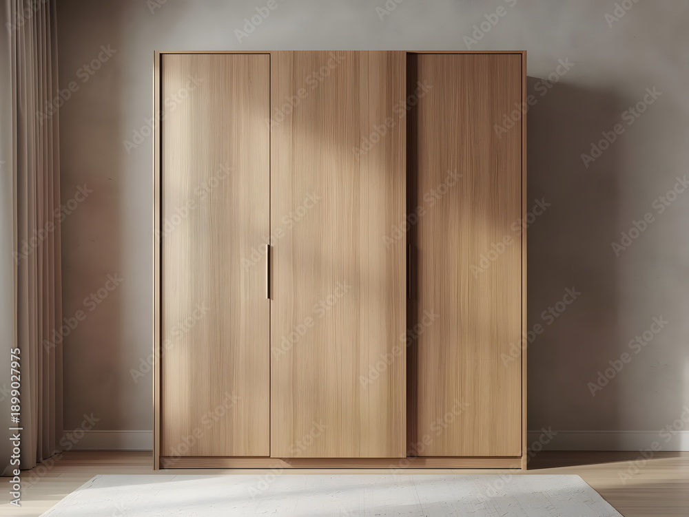 Fototapeta premium Minimalist wooden wardrobe with sliding doors, interior design in a neutral color palette