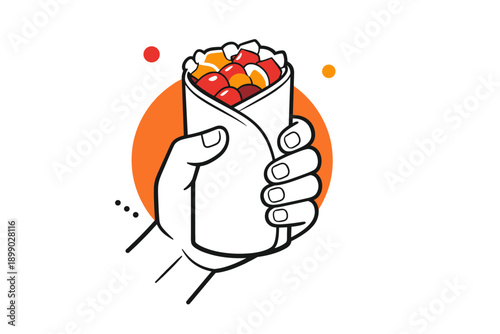 Hand holding colorful burrito in minimalist illustration with geometric background