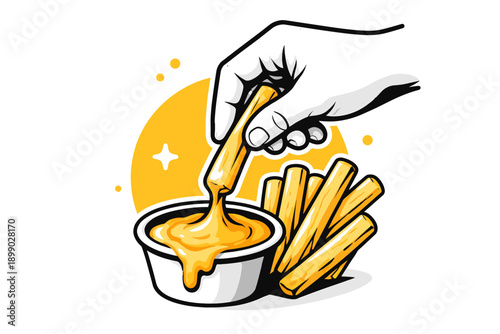 Hand dipping french fry into cheese sauce with fries in background
