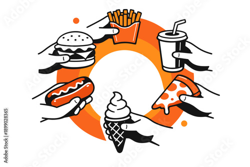 Fast food variety: burgers, fries, pizza, hot dogs, ice cream, drinks