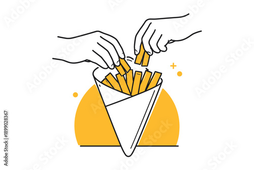 Hands reaching for fries in cone - minimalist illustration of shared snack moment