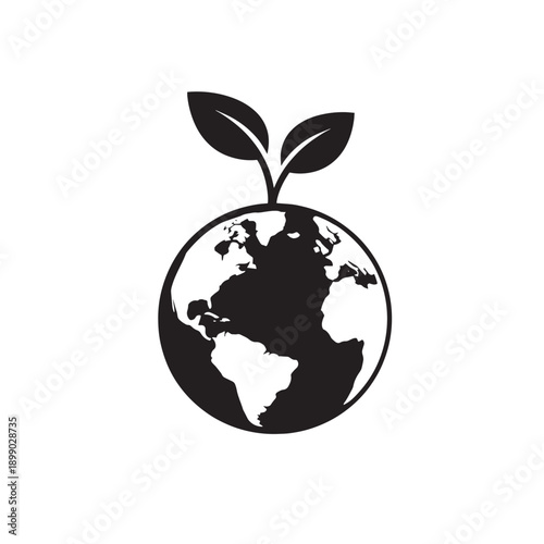 Black and white globe with sprouting leaves earth planet