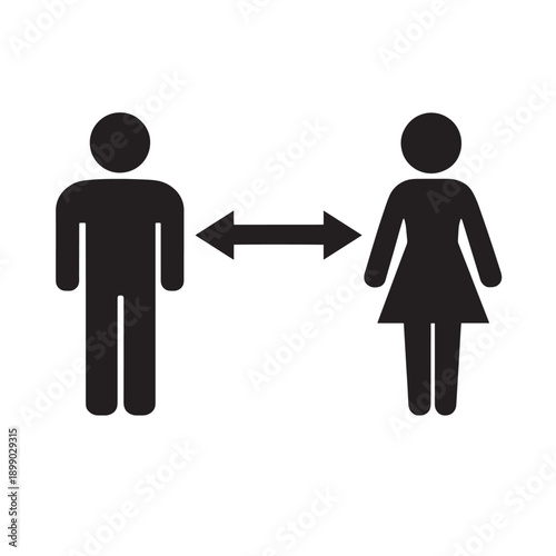 Black male and female figures with distance arrows on white background social distancing people