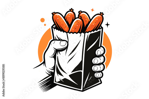 Hand holding paper bag with sausages illustration on white background