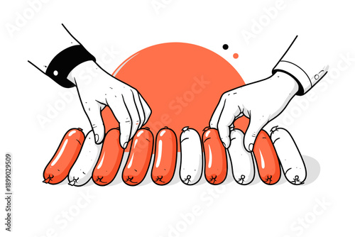 Hands selecting sausages against minimalist design with red circle accent