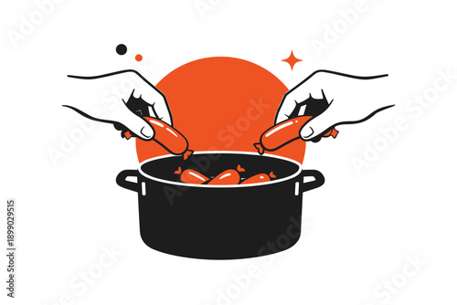 Simple cooking: caucasian hands preparing sausages in a pot illustration