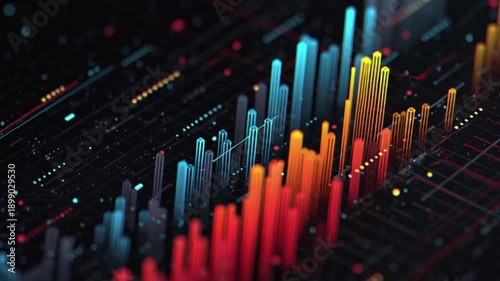Abstract Digital Landscape with Colorful Bar Graphs and Data Visualization.